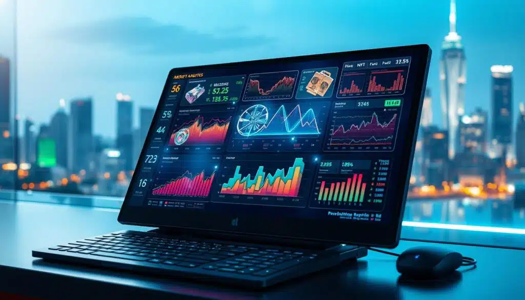 A visually striking representation of the NFT analytics market trends, focusing on futuristic digital graphs and charts depicting rising statistics and market fluctuations. In the foreground, a sleek, modern computer with a detailed dashboard displaying vibrant, colorful analytics visuals. The middle layer features holographic projections of NFTs, including artwork and collectibles, interspersed with data points and performance metrics. In the background, a city skyline subtly illuminated by the glow of digital screens, showcasing a cutting-edge technological atmosphere. Soft blue and green lighting creates a professional and optimistic mood. The perspective captures the scene from a slight upward angle to emphasize growth and innovation, while maintaining clarity and focus without any text or overlays. A visually striking representation of the NFT analytics market trends, focusing on futuristic digital graphs and charts depicting rising statistics and market fluctuations. In the foreground, a sleek, modern computer with a detailed dashboard displaying vibrant, colorful analytics visuals. The middle layer features holographic projections of NFTs, including artwork and collectibles, interspersed with data points and performance metrics. In the background, a city skyline subtly illuminated by the glow of digital screens, showcasing a cutting-edge technological atmosphere. Soft blue and green lighting creates a professional and optimistic mood. The perspective captures the scene from a slight upward angle to emphasize growth and innovation, while maintaining clarity and focus without any text or overlays.