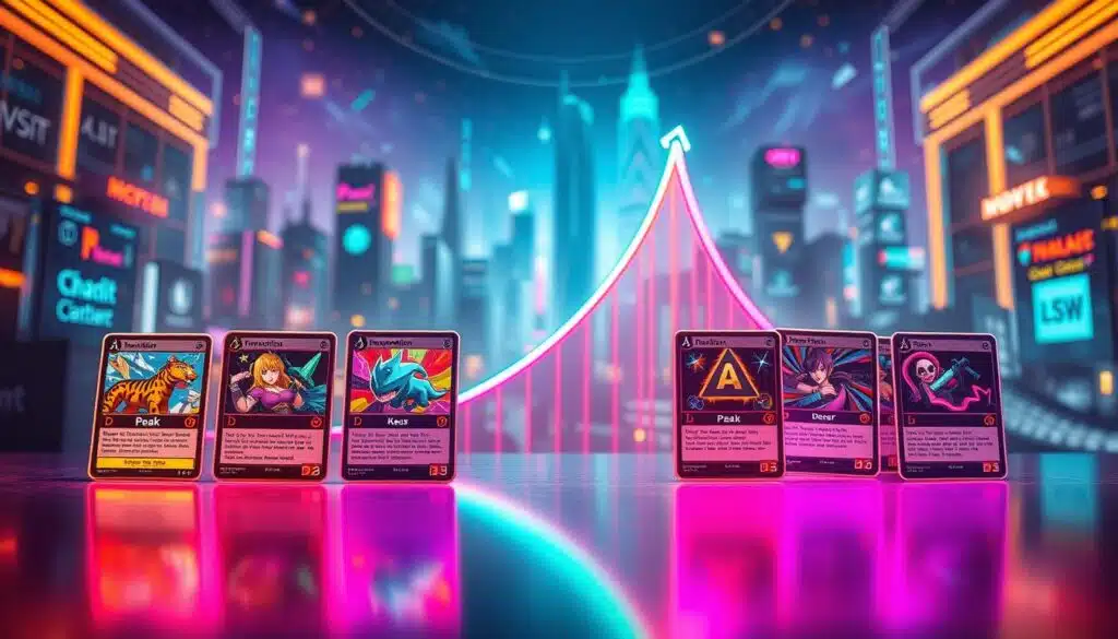 A visually striking representation of the NFT hype cycle, showcasing a dynamic blend of rising and falling trends. In the foreground, a series of stylized trading cards featuring colorful digital art assets, each card visually representing different phases of hype, such as "Innovation," "Peak," and "Despair." In the middle, an ascending curve, symbolizing the hype cycle's upward trajectory, intersected by a descending curve indicating the subsequent decline, all rendered in vibrant colors. The background features an abstract cityscape with digital elements and faint blockchain motifs, illuminated by soft, futuristic lighting that casts gentle glows on the cards. The atmosphere is both energetic and reflective, capturing the fleeting excitement of NFT trading. Lens focused tightly on the cards, with a shallow depth of field enhancing their impact, while the backdrop remains slightly blurred for a dreamy effect. A visually striking representation of the NFT hype cycle, showcasing a dynamic blend of rising and falling trends. In the foreground, a series of stylized trading cards featuring colorful digital art assets, each card visually representing different phases of hype, such as "Innovation," "Peak," and "Despair." In the middle, an ascending curve, symbolizing the hype cycle's upward trajectory, intersected by a descending curve indicating the subsequent decline, all rendered in vibrant colors. The background features an abstract cityscape with digital elements and faint blockchain motifs, illuminated by soft, futuristic lighting that casts gentle glows on the cards. The atmosphere is both energetic and reflective, capturing the fleeting excitement of NFT trading. Lens focused tightly on the cards, with a shallow depth of field enhancing their impact, while the backdrop remains slightly blurred for a dreamy effect.