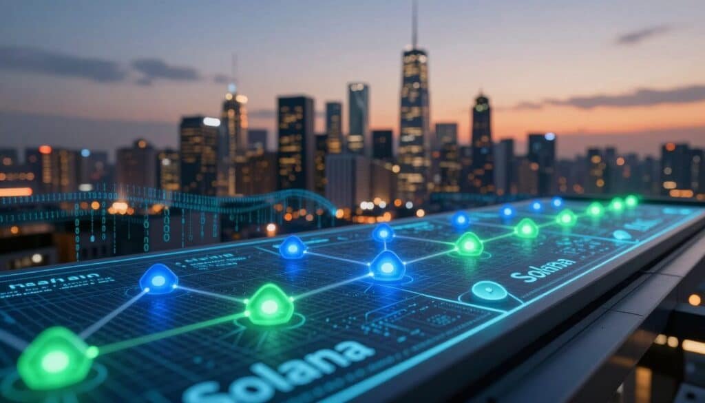 A visually striking representation of the Solana blockchain's Proof of History concept. In the foreground, depict a series of interconnected nodes, glowing with vibrant blue and green lights, each representing a timestamp in the blockchain. The middle layer features a digital ledger with intricate patterns, symbolizing the unique features of Solana's high-speed transaction capabilities. In the background, create a futuristic city skyline at dusk, illuminated by soft, warm lighting to evoke a sense of innovation and progress. A delicate overlay of binary code flows subtly across the image, suggesting the seamless integration of technology and trust. The overall mood should be one of excitement and forward-thinking, emphasizing the groundbreaking nature of Solana's architecture.