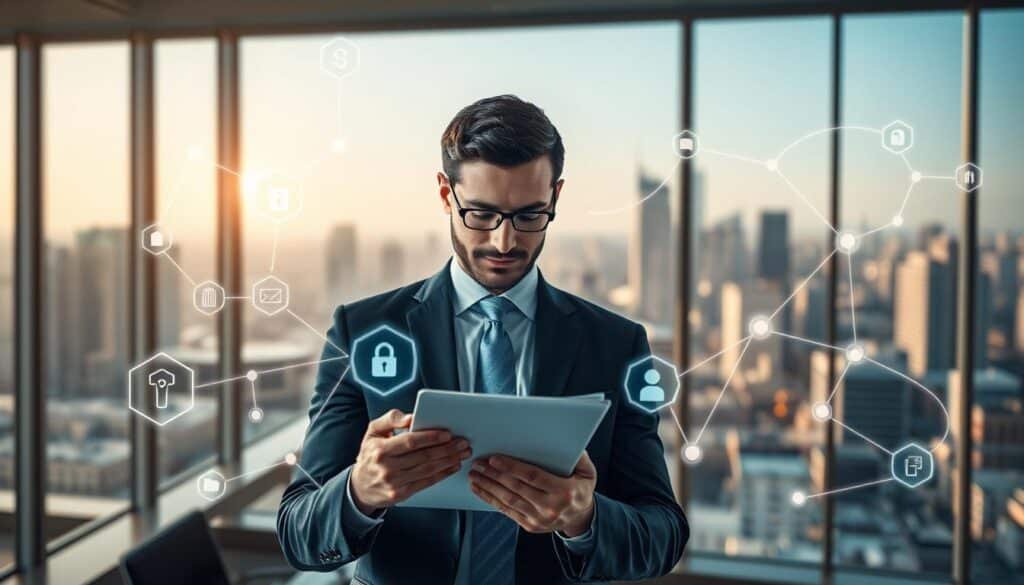 A visually striking representation of the insurance industry facing challenges and building trust through blockchain technology. In the foreground, depict a confident business professional in formal attire, examining digital insurance documents on a tablet, surrounded by transparent icons symbolizing trust and security. The middle ground shows a network of interconnected blockchain nodes glowing, symbolizing automation and efficiency. In the background, a modern office environment with large windows overlooking a bustling city, bathed in soft, natural daylight. Use a slight depth of field to focus on the professional while gently blurring the background. The overall mood should convey optimism and innovation, highlighting the transformative power of blockchain in insurance claims automation. A visually striking representation of the insurance industry facing challenges and building trust through blockchain technology. In the foreground, depict a confident business professional in formal attire, examining digital insurance documents on a tablet, surrounded by transparent icons symbolizing trust and security. The middle ground shows a network of interconnected blockchain nodes glowing, symbolizing automation and efficiency. In the background, a modern office environment with large windows overlooking a bustling city, bathed in soft, natural daylight. Use a slight depth of field to focus on the professional while gently blurring the background. The overall mood should convey optimism and innovation, highlighting the transformative power of blockchain in insurance claims automation.