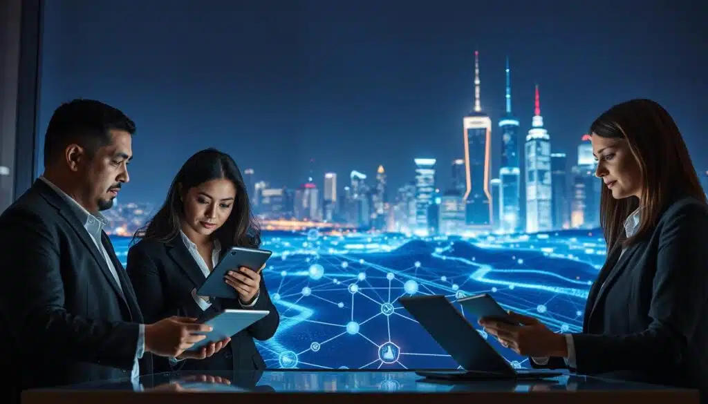 A visually striking representation of traditional anti-money laundering (AML) challenges in the realm of digital transactions. In the foreground, a diverse group of three professionals in business attire, engaged in a serious discussion over digital devices like tablets and laptops. The middle ground features a stylized digital landscape with abstract representations of cryptocurrency, blockchain nodes, and data streams, hinting at the complexities of AML in the digital age. The background showcases a futuristic city skyline illuminated by neon lights, symbolizing the rapid evolution of technology and finance. Use soft, dramatic lighting to create an atmosphere of urgency and professionalism, with a slightly low-angle perspective to emphasize the importance of the subject. Maintain a clean, clutter-free environment that reflects modernity and sophistication. A visually striking representation of traditional anti-money laundering (AML) challenges in the realm of digital transactions. In the foreground, a diverse group of three professionals in business attire, engaged in a serious discussion over digital devices like tablets and laptops. The middle ground features a stylized digital landscape with abstract representations of cryptocurrency, blockchain nodes, and data streams, hinting at the complexities of AML in the digital age. The background showcases a futuristic city skyline illuminated by neon lights, symbolizing the rapid evolution of technology and finance. Use soft, dramatic lighting to create an atmosphere of urgency and professionalism, with a slightly low-angle perspective to emphasize the importance of the subject. Maintain a clean, clutter-free environment that reflects modernity and sophistication.