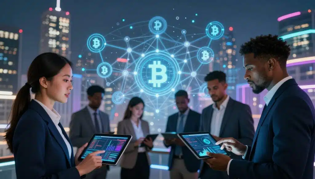 A visually striking representation of understanding decentralized exchanges, featuring a futuristic digital marketplace. In the foreground, a diverse group of professionals in business attire, including a woman of Asian descent and a man of African descent, are engaged in animated discussions while analyzing digital charts on sleek tablets. The middle ground showcases intricate blockchain nodes and interconnected cryptocurrency symbols, illustrating the technology behind DEX. In the background, a vibrant city skyline illuminated by neon lights reflects a bustling digital economy. Use soft, ethereal lighting to create a sense of innovation and optimism. The angle should be slightly elevated, capturing the dynamic interaction between the professionals and the surrounding technology. The mood is collaborative and forward-looking, embodying the theme of a connected and empowered digital era. A visually striking representation of understanding decentralized exchanges, featuring a futuristic digital marketplace. In the foreground, a diverse group of professionals in business attire, including a woman of Asian descent and a man of African descent, are engaged in animated discussions while analyzing digital charts on sleek tablets. The middle ground showcases intricate blockchain nodes and interconnected cryptocurrency symbols, illustrating the technology behind DEX. In the background, a vibrant city skyline illuminated by neon lights reflects a bustling digital economy. Use soft, ethereal lighting to create a sense of innovation and optimism. The angle should be slightly elevated, capturing the dynamic interaction between the professionals and the surrounding technology. The mood is collaborative and forward-looking, embodying the theme of a connected and empowered digital era.