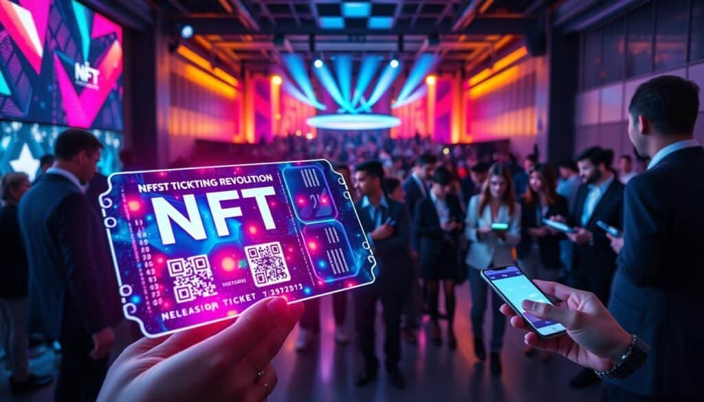 A visually striking scene depicting the "NFT Ticketing Revolution." In the foreground, a futuristic, holographic ticket glowing with vibrant colors, showcasing digital elements like QR codes and blockchain symbols. The middle ground features a diverse group of people in professional attire, such as suits and smart casual wear, engaging with handheld devices displaying NFT ticket transactions. In the background, a modern, high-tech event venue illuminated by dynamic lighting, with people entering and enjoying the atmosphere of an event. The image should have a vibrant, optimistic mood, emphasizing innovation and the transformation of ticketing. Capture this scene with a wide-angle lens for an inclusive perspective, bathed in bright, inviting lighting that highlights the excitement of the event ticketing revolution.
