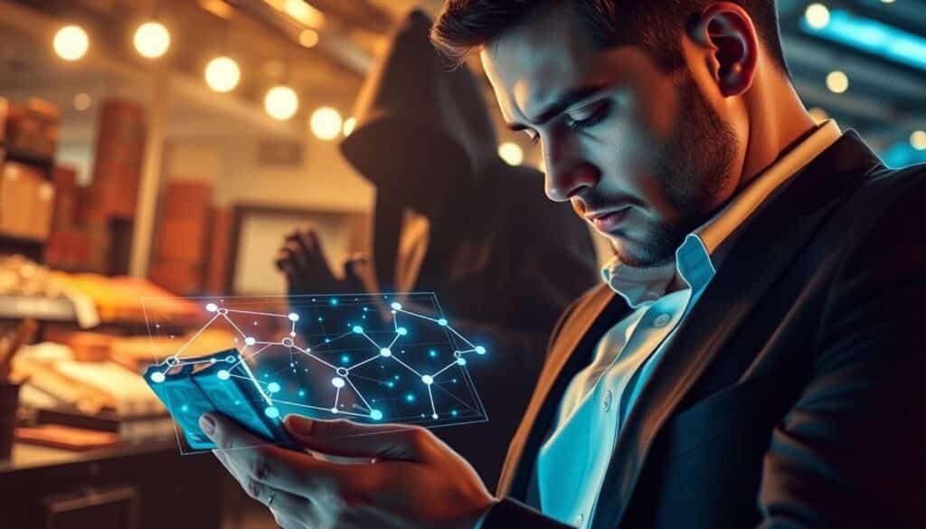A visually striking scene depicting the concept of blockchain technology combating counterfeit goods. In the foreground, a professional-looking individual, dressed in business attire, is closely examining a product with an integrated blockchain ledger graphic overlay. The middle layer showcases a digital interface displaying supply chain data, with glowing nodes and lines symbolizing secure transactions. In the background, a shadowy figure attempts to sell counterfeit goods at a marketplace, subtly highlighted by soft, dramatic lighting to emphasize the contrast between authenticity and deception. The atmosphere is tense yet hopeful, capturing the essence of innovation and security in the fight against counterfeit products. The angle is dynamic, suggesting a sense of urgency and importance in the fight against fraud. A visually striking scene depicting the concept of blockchain technology combating counterfeit goods. In the foreground, a professional-looking individual, dressed in business attire, is closely examining a product with an integrated blockchain ledger graphic overlay. The middle layer showcases a digital interface displaying supply chain data, with glowing nodes and lines symbolizing secure transactions. In the background, a shadowy figure attempts to sell counterfeit goods at a marketplace, subtly highlighted by soft, dramatic lighting to emphasize the contrast between authenticity and deception. The atmosphere is tense yet hopeful, capturing the essence of innovation and security in the fight against counterfeit products. The angle is dynamic, suggesting a sense of urgency and importance in the fight against fraud.