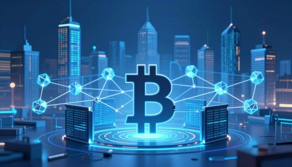 A vivid and detailed illustration depicting the scalability challenges of Bitcoin. In the foreground, a stylized Bitcoin symbol is fragmented and surrounded by digital barriers, representing transaction bottlenecks and congestion. In the middle ground, an intricate network of blockchain nodes is connected with glowing lines, illustrating the complex web of transactions. The background showcases an abstract city skyline with skyscrapers made of binary code, hinting at the digital economy. Soft, ambient lighting bathes the scene in a blue hue, creating a futuristic atmosphere. The image should evoke a sense of complexity and struggle, with a focus on technology and innovation. The overall composition emphasizes the clash between rapid growth and the limitations of traditional blockchain processing capabilities.