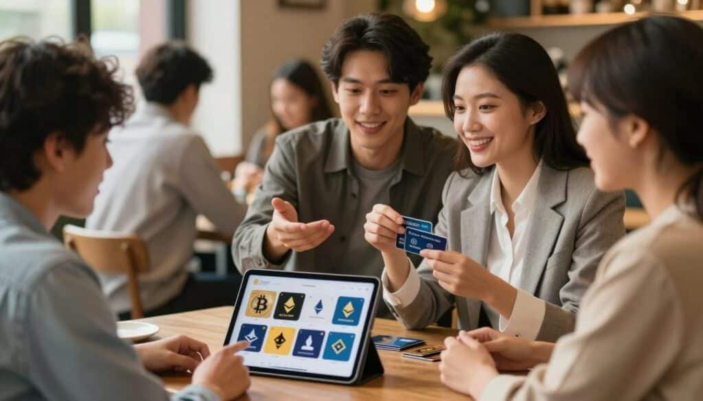 A well-lit, cozy cafe scene in vibrant colors, with a group of diverse people seated around a table engaged in discussion about crypto gift cards. In the foreground, a sleek tablet displays various digital gift cards, showcasing Bitcoin, Ethereum, and Litecoin logos. The middle ground features a couple of individuals, a man and a woman in professional business attire, animatedly explaining the benefits of crypto gift cards to a younger person dressed casually. In the background, soft bokeh lights create a welcoming atmosphere, hinting at other customers enjoying their day. Warm, natural lighting casts a soft glow, emphasizing a cheerful and informative mood, ideal for understanding modern spending solutions.