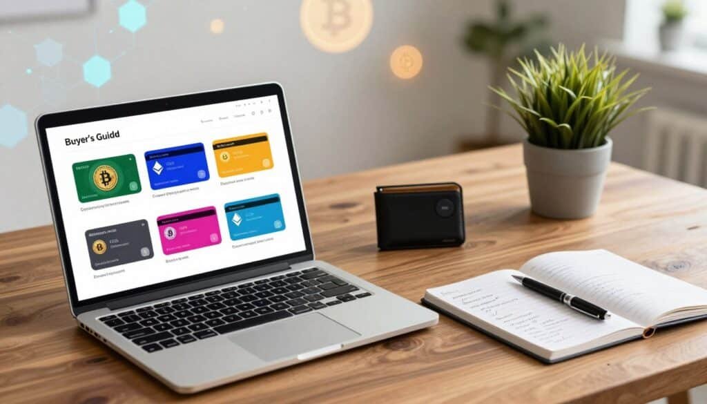 A well-organized buyer's guide for cryptocurrency gift cards, presented in a visually appealing layout. In the foreground, a sleek, modern laptop displays various crypto gift card designs with vivid colors, showcasing popular cryptocurrencies like Bitcoin and Ethereum. Next to the laptop, an open notepad with a pen and detailed handwritten notes about crypto gift cards. In the middle ground, a polished wooden table with elegant decorations like a digital wallet and a potted plant, conveying a modern and tech-savvy atmosphere. The background features soft-focus, abstract crypto-themed graphics, such as blockchains and digital currency symbols, lightly illuminated by warm, inviting lighting. The overall mood is informative and professional, perfect for guiding potential buyers in 2026.