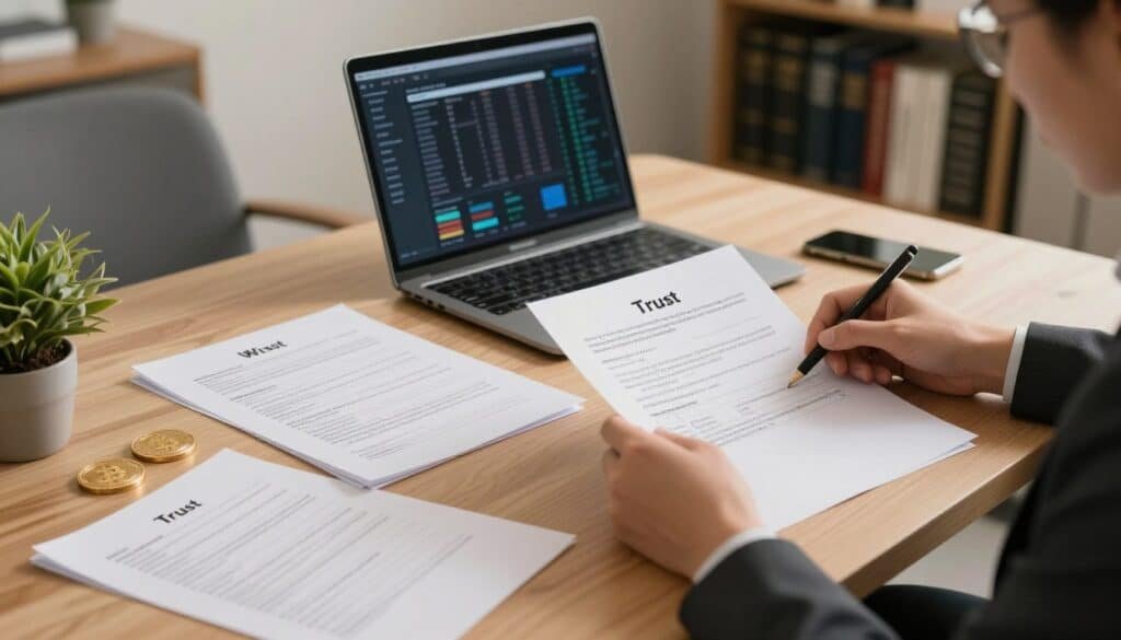 A well-organized desk in a softly lit office, showcasing neatly arranged estate planning documents, including a will, trust paperwork, and crypto asset lists. In the foreground, a pair of hands, dressed in professional business attire, meticulously review the documents with a thoughtful expression. The middle layer features a laptop displaying a cryptocurrency portfolio, with digital charts subtly visible. In the background, a bookshelf filled with legal texts and a potted plant adds a touch of greenery, enhancing the calming atmosphere. The lighting is warm and inviting, casting gentle shadows that create depth, while the overall mood is one of seriousness and preparedness, reflecting the importance of planning for digital inheritance.