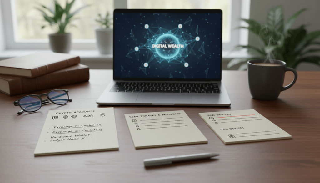 A well-organized digital assets inventory checklist displayed prominently on a sleek wooden desk. In the foreground, the checklist features neatly arranged bullet points, icons representing various cryptocurrencies, wallets, and login information on stylish notepads. The middle ground shows a modern laptop with a partially open screen displaying a graphic of digital assets. In the background, there's a soft-focus window with natural light streaming in, creating an inviting atmosphere. The scene is captured at a slight angle, emphasizing the depth of the workspace. The mood is professional and calm, evoking a sense of security and preparedness for crypto inheritance planning.