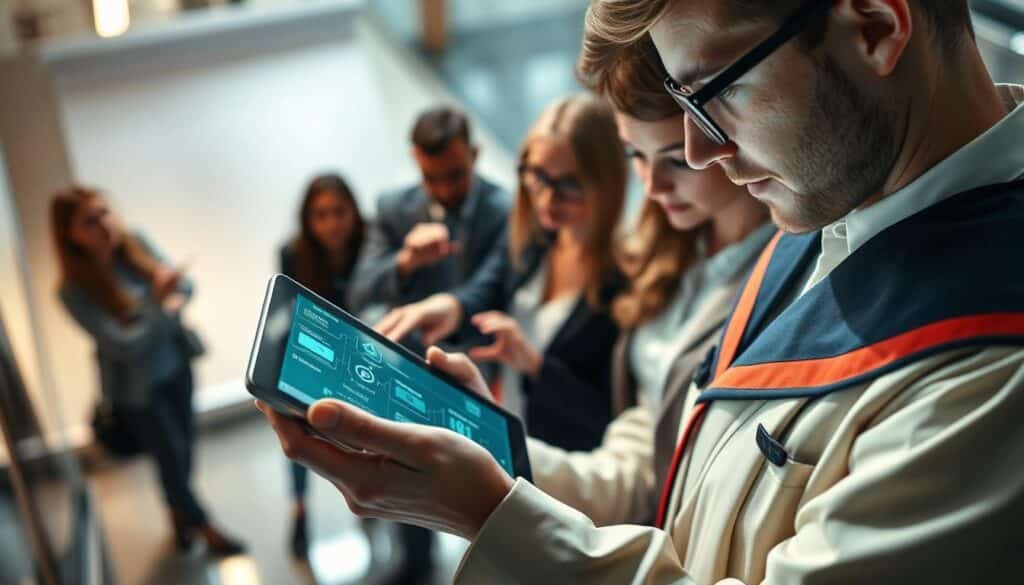 An academically dressed professional examining a digital tablet displaying an intricate blockchain ledger for credential verification, surrounded by a futuristic office environment. In the foreground, close-up of the tablet's glowing screen shows various digital certifications linked by blockchain nodes. In the middle, diverse professionals, reflecting an international atmosphere, collaborating in the background, pointing towards the tablet. Bright, focused lighting emphasizes the tablet while casting soft shadows on the team. A high-angle shot captures the dynamic workspace, conveying innovation and security. The overall mood is one of professionalism and trust, illustrating the advanced technology facilitating secure academic record verification.