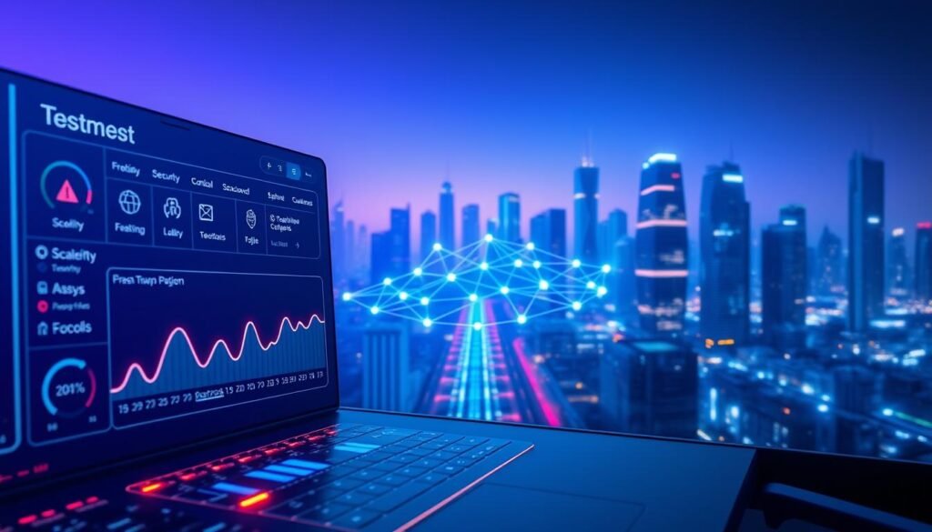 An artistic representation of the top testnet platforms for blockchain developers in 2026, showcasing their key features. In the foreground, a sleek, modern digital dashboard displays various testnet metrics and features like scalability, security, and ease of use, with glowing lines and icons. The middle layer presents a stylized 3D depiction of interconnected blockchain nodes, symbolizing network efficiency and collaboration. The background features a high-tech cityscape bathed in a soft blue and purple glow, representing innovation. Use dynamic lighting to create a futuristic mood, with a wide-angle lens perspective that adds depth. The atmosphere should feel vibrant and inspiring, evoking a sense of cutting-edge technology and potential. Ensure the overall composition is clean and does not include any text or logos.