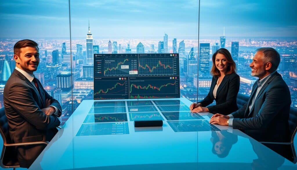 An educational scene depicting the fundamentals of crypto trading positions. In the foreground, a confident, diverse group of three business professionals—two men and a woman—are discussing trading strategies around a sleek modern table, each dressed in professional business attire. In the middle, detailed charts and graphs related to crypto pricing and position sizing are displayed on large digital screens, with visual indicators like candlestick patterns and buy/sell signals. The background features an abstract representation of a cryptocurrency exchange bustling with activity, illuminated by soft, dynamic lighting that conveys a sense of urgency and innovation. A panoramic view of a city skyline fills the background, enhancing the atmosphere of a forward-thinking financial hub. The overall mood is focused and professional, with a futuristic feel.