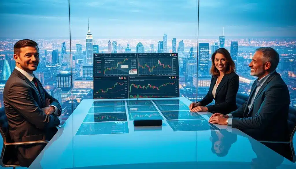An educational scene depicting the fundamentals of crypto trading positions. In the foreground, a confident, diverse group of three business professionals—two men and a woman—are discussing trading strategies around a sleek modern table, each dressed in professional business attire. In the middle, detailed charts and graphs related to crypto pricing and position sizing are displayed on large digital screens, with visual indicators like candlestick patterns and buy/sell signals. The background features an abstract representation of a cryptocurrency exchange bustling with activity, illuminated by soft, dynamic lighting that conveys a sense of urgency and innovation. A panoramic view of a city skyline fills the background, enhancing the atmosphere of a forward-thinking financial hub. The overall mood is focused and professional, with a futuristic feel.
