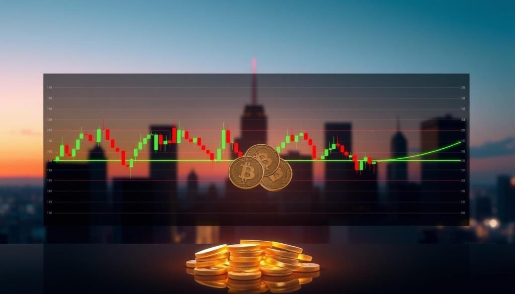 An elegant and informative illustration depicting range-bound market indicators in a cryptocurrency context. In the foreground, a sleek digital chart displaying horizontal candlesticks with thin, clear lines indicating resistance and support levels, highlighted in green and red. In the middle, an abstract representation of digital coins clustered around the chart, glowing softly to symbolize cryptocurrency. In the background, blurred silhouettes of city skyscrapers against a dusk sky, providing a modern and professional atmosphere. Soft, ambient lighting enhances the digital theme, creating a mood of focus and contemplation. The composition emphasizes clarity and analysis, ideal for understanding market trends without any distractions or text overlays.