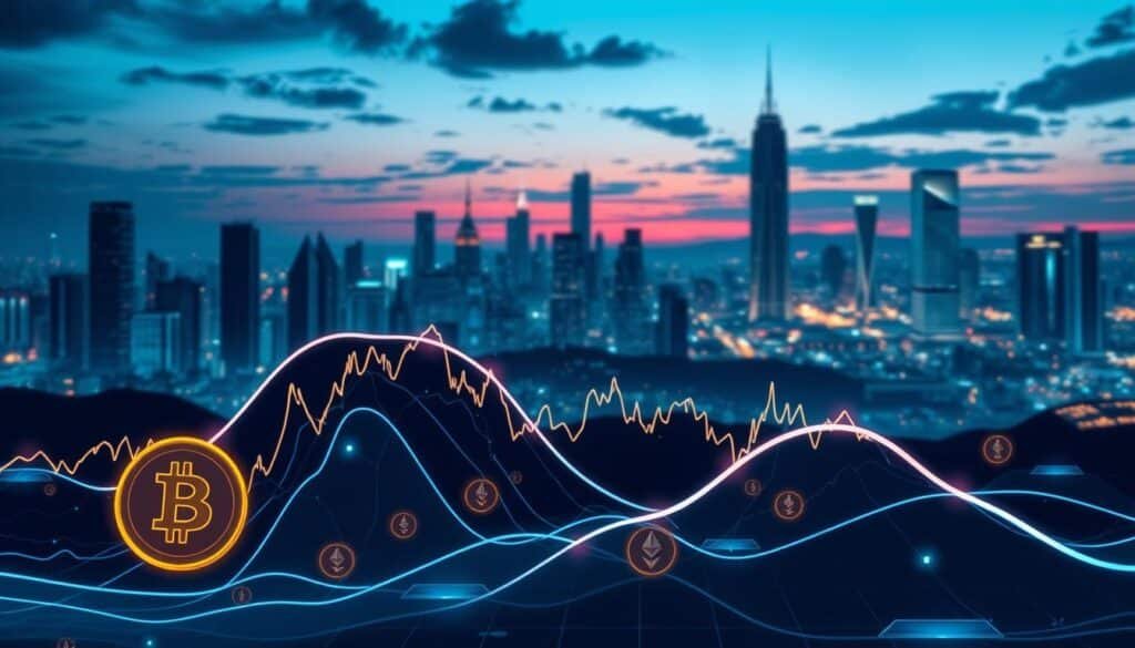 An illustrated overview of Elliott Wave Theory applied to cryptocurrency trading, featuring a stylized chart with distinct wave patterns prominently displayed in the foreground. In the middle ground, include a digital landscape representing cryptocurrencies, such as Bitcoin and Ethereum icons, intertwined with abstract blockchain graphics. The background should depict a futuristic city skyline at dusk, illuminated by soft blues and purples, suggesting a vibrant tech atmosphere. Use cinematic lighting to create contrast and draw attention to the wave chart. The overall mood is professional and insightful, conveying the sophistication of trading strategies while remaining approachable for readers. No text or overlays present.