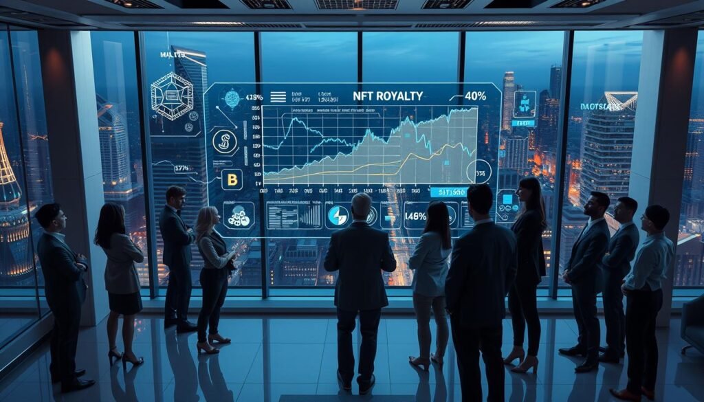 An intricate visual representation of the complexities of NFT royalties, featuring a futuristic office environment in the foreground. A professional, diverse team of business people in smart attire is gathered around a large digital screen displaying charts and graphs symbolizing NFT royalty structures. In the middle ground, detailed blockchain motifs and currency icons subtly integrate with flowing data streams, while a holographic interface showcases various royalty percentages. The background contains sleek glass windows with a city skyline view, illuminated by soft, ambient lighting that conveys a sense of sophistication and innovation. The mood is analytical yet engaging, capturing the nuances of modern finance and digital art. Use a high-angle perspective for depth.