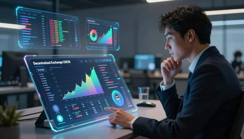 Create an image depicting a futuristic digital interface for navigating a Decentralized Exchange (DEX) platform in 2026. In the foreground, show a sleek, transparent touchscreen displaying vibrant graphs, trading pairs, and user wallets, with an intuitive layout and responsive icons. In the middle ground, present a modern workspace with a sophisticated user seated in professional attire, thoughtfully engaging with the interface. The background should feature a high-tech digital environment, with holographic trading data and charts illuminating the room, casting a soft glow. Use dramatic, focused lighting with a slightly dim ambiance to convey an atmosphere of innovation and tech-savviness. Capture the scene from a slightly elevated angle to emphasize the user and the interface's clarity.