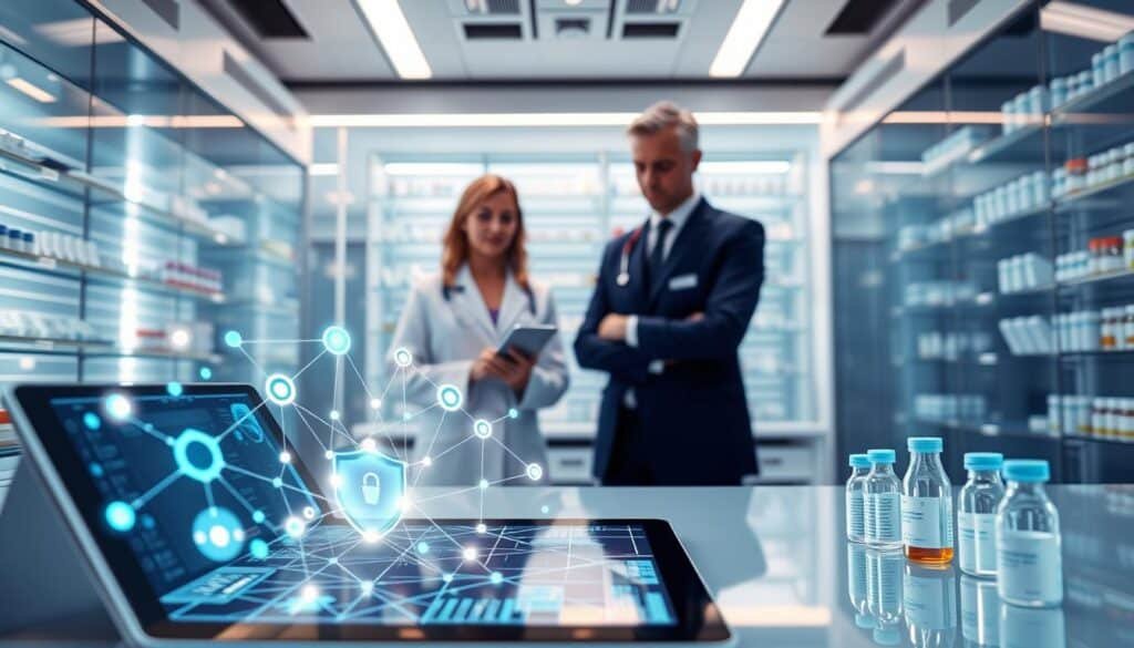 Imagine a vibrant and futuristic depiction of blockchain technology integrated into healthcare specifically for the pharmaceutical supply chain. In the foreground, display a digital tablet showing a blockchain interface with interlinked nodes, representing secure data exchanges. In the middle ground, include healthcare professionals in business attire, analyzing the data collaboratively, surrounded by holographic representations of medicine vials and supply chain elements. The background should feature a sleek modern pharmacy or lab setting, highlighting transparent inventory shelves and meticulous organization. Soft, focused lighting illuminates the scene, creating a sense of clarity and innovation. Capture the mood of trust, advancement, and collaboration in this cutting-edge environment, shot from a slightly elevated angle to emphasize the interaction and technology integration. Imagine a vibrant and futuristic depiction of blockchain technology integrated into healthcare specifically for the pharmaceutical supply chain. In the foreground, display a digital tablet showing a blockchain interface with interlinked nodes, representing secure data exchanges. In the middle ground, include healthcare professionals in business attire, analyzing the data collaboratively, surrounded by holographic representations of medicine vials and supply chain elements. The background should feature a sleek modern pharmacy or lab setting, highlighting transparent inventory shelves and meticulous organization. Soft, focused lighting illuminates the scene, creating a sense of clarity and innovation. Capture the mood of trust, advancement, and collaboration in this cutting-edge environment, shot from a slightly elevated angle to emphasize the interaction and technology integration.