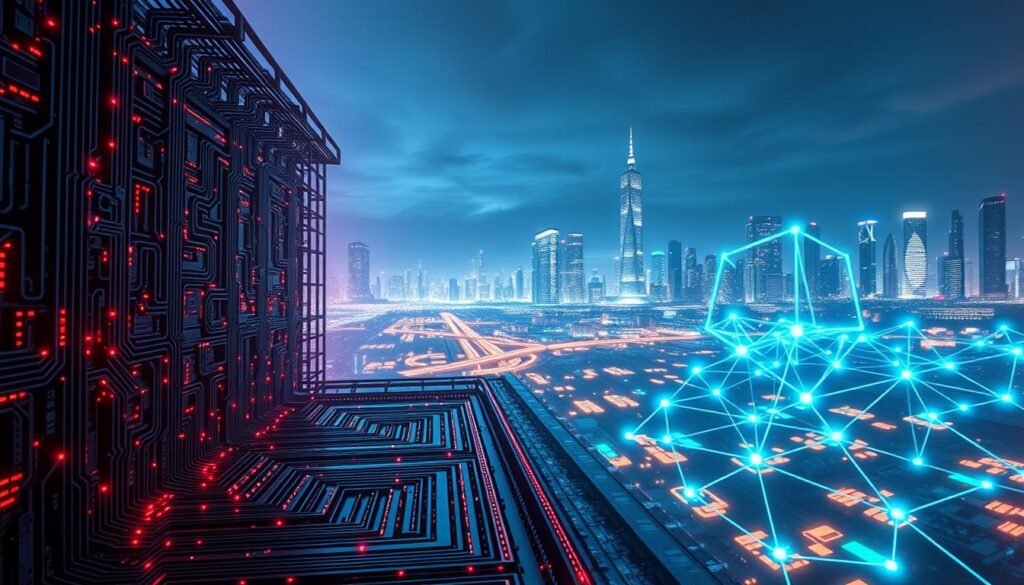 In a futuristic digital landscape, depict the concept of centralized AI challenges contrasted with blockchain solutions. In the foreground, illustrate a maze-like structure representing centralized AI with intricate circuitry and data streams glowing ominously in red and black tones. In the middle ground, show dynamic blockchain nodes interconnected by luminous chains, radiating blue and green light, symbolizing decentralized solutions. In the background, a city skyline with technology and innovation theme, bathed in soft, ethereal lighting, suggesting a hopeful future. Use a wide-angle perspective to enhance depth, with a focus on a harmonious blend of vibrant colors creating a mood of optimism and potential transformation in technology.