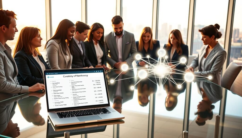 In a modern office environment, a diverse group of professionals in business attire collaborates around a sleek glass table, analyzing a digital blockchain interface displayed on a large screen. In the foreground, an open laptop shows a list of charitable projects supported by blockchain donations, symbolizing transparency and efficiency in philanthropy. In the middle ground, a 3D visualization of a blockchain network connects various charitable organizations, represented by glowing nodes. The background features floor-to-ceiling windows with a city skyline, allowing warm natural light to flood the room, creating an optimistic and innovative atmosphere. The mood is focused and collaborative, emphasizing the intersection of technology and altruism, with a focus on social impact. In a modern office environment, a diverse group of professionals in business attire collaborates around a sleek glass table, analyzing a digital blockchain interface displayed on a large screen. In the foreground, an open laptop shows a list of charitable projects supported by blockchain donations, symbolizing transparency and efficiency in philanthropy. In the middle ground, a 3D visualization of a blockchain network connects various charitable organizations, represented by glowing nodes. The background features floor-to-ceiling windows with a city skyline, allowing warm natural light to flood the room, creating an optimistic and innovative atmosphere. The mood is focused and collaborative, emphasizing the intersection of technology and altruism, with a focus on social impact.