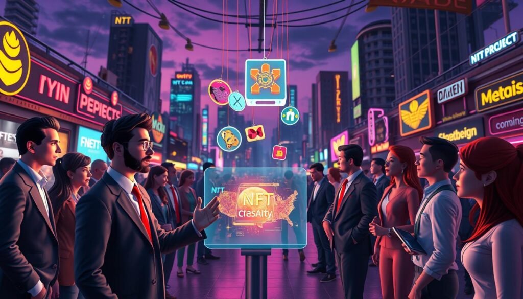 In a vibrant, futuristic setting showcasing the rise of NFT communities in a Web3 world, depict a dynamic digital marketplace bustling with avatars of diverse individuals in professional business attire, engaging around glowing NFTs displayed like art pieces. In the foreground, a central figure enthusiastically explains an NFT concept to a small group, gesturing towards a holographic screen displaying digital art. In the middle ground, a variety of NFTs hang in mid-air, radiating colorful light, symbolizing creativity and collaboration. The background features a cyberpunk cityscape under a twilight sky, illuminated by neon signs that represent various NFT projects. Use soft, ambient lighting to create an inviting atmosphere, with a wide-angle lens effect that immerses the viewer in this collaborative digital space. In a vibrant, futuristic setting showcasing the rise of NFT communities in a Web3 world, depict a dynamic digital marketplace bustling with avatars of diverse individuals in professional business attire, engaging around glowing NFTs displayed like art pieces. In the foreground, a central figure enthusiastically explains an NFT concept to a small group, gesturing towards a holographic screen displaying digital art. In the middle ground, a variety of NFTs hang in mid-air, radiating colorful light, symbolizing creativity and collaboration. The background features a cyberpunk cityscape under a twilight sky, illuminated by neon signs that represent various NFT projects. Use soft, ambient lighting to create an inviting atmosphere, with a wide-angle lens effect that immerses the viewer in this collaborative digital space.