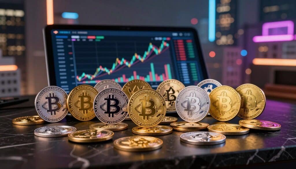 In the foreground, display an array of shiny crypto tokens and coins, each reflecting intricate designs, symbols, and vibrant colors that represent various cryptocurrencies. The middle ground features a sleek, modern digital interface with graphs and charts showcasing crypto market trends. Arrange these elements on a smooth, dark marble surface to enhance their lustrous appearance. In the background, a softly blurred city skyline illuminated by neon lights creates a futuristic ambiance, hinting at the tech-savvy environment of cryptocurrency. Use warm, ambient lighting to evoke a sense of innovation and progress, and capture the scene from a slightly elevated angle to provide a comprehensive view of the crypto assets and their thriving ecosystem.
