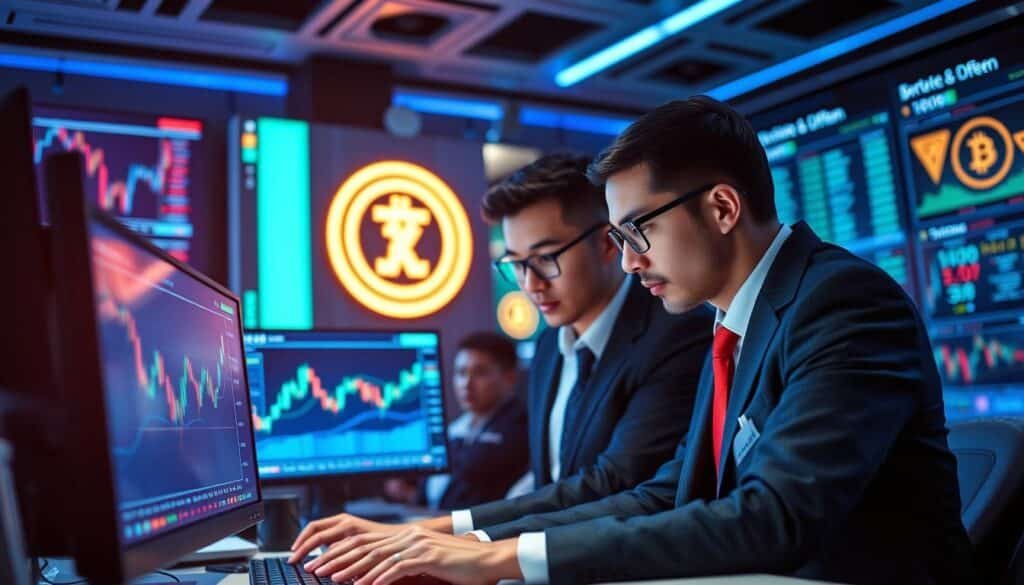 In the foreground, portray a diverse group of three professionals, two men and one woman, dressed in smart business attire, intently analyzing digital trading charts on multiple screens. They are surrounded by high-tech devices, showcasing a vibrant crypto market interface with fluctuating graphs and candlestick patterns. In the middle ground, include transparent screens displaying cryptocurrency logos and market data, illuminated with neon colors, creating a dynamic atmosphere. The background features a futuristic trading room filled with soft blue lighting, adding a professional yet energetic ambiance. Capture the essence of collaboration and strategy in this bustling environment, with the focus on the key roles of crypto market makers in fostering liquidity and trading efficiency. Use a slightly elevated angle to emphasize the intensity of the work while maintaining clarity in the details. In the foreground, portray a diverse group of three professionals, two men and one woman, dressed in smart business attire, intently analyzing digital trading charts on multiple screens. They are surrounded by high-tech devices, showcasing a vibrant crypto market interface with fluctuating graphs and candlestick patterns. In the middle ground, include transparent screens displaying cryptocurrency logos and market data, illuminated with neon colors, creating a dynamic atmosphere. The background features a futuristic trading room filled with soft blue lighting, adding a professional yet energetic ambiance. Capture the essence of collaboration and strategy in this bustling environment, with the focus on the key roles of crypto market makers in fostering liquidity and trading efficiency. Use a slightly elevated angle to emphasize the intensity of the work while maintaining clarity in the details.