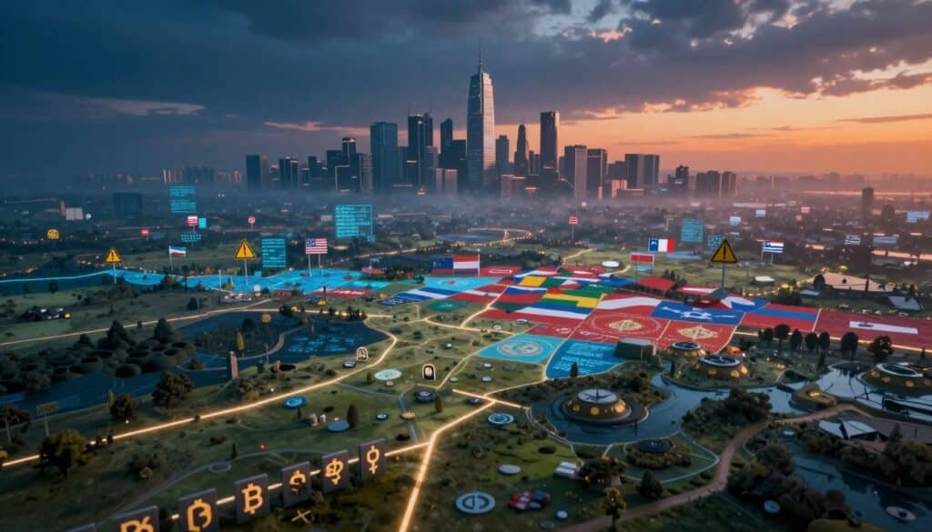 a detailed illustration of a digital landscape representing crypto restrictions, featuring a vast, abstract terrain with divided regions symbolizing various restrictions. In the foreground, visualize a barrier made of blockchain symbols, segmented by lines of light indicating different countries. The middle ground showcases diverse national flags fading into the horizon, intertwined with digital codes and warning signs. The background features a skyline of modern cityscapes under a dramatic sky, illuminated with contrasting shades of blue and orange to evoke tension and complexity. Use a wide-angle lens effect to enhance depth, while soft diffused lighting casts a slightly ominous mood, capturing the challenges faced in navigating crypto legality. a detailed illustration of a digital landscape representing crypto restrictions, featuring a vast, abstract terrain with divided regions symbolizing various restrictions. In the foreground, visualize a barrier made of blockchain symbols, segmented by lines of light indicating different countries. The middle ground showcases diverse national flags fading into the horizon, intertwined with digital codes and warning signs. The background features a skyline of modern cityscapes under a dramatic sky, illuminated with contrasting shades of blue and orange to evoke tension and complexity. Use a wide-angle lens effect to enhance depth, while soft diffused lighting casts a slightly ominous mood, capturing the challenges faced in navigating crypto legality.